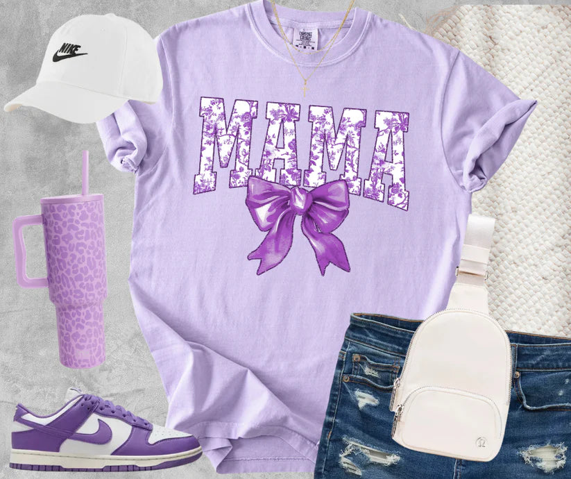 “MAMA” Bow Graphic Tee – Cute Floral Mom T~Shirt LILAC