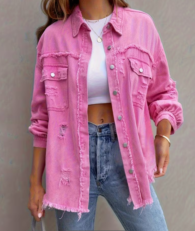 Women Distressed Washed Button Frayed Casual Shacket with Pocket