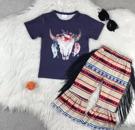 🤠 Western Cow Head Fringe Kids Boutique Outfit Preorder