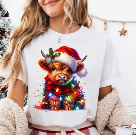 Shaggy Cow with Lights Christmas T~Shirt