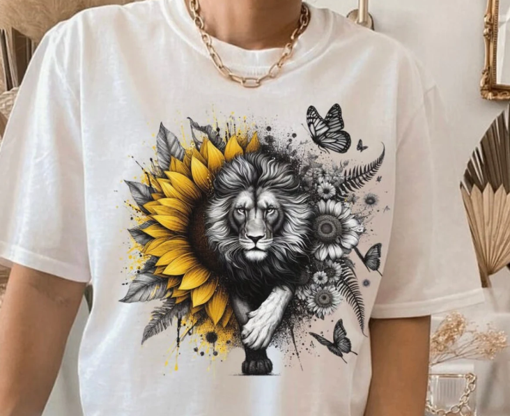 Sunflower Lion Graphic Tee – Strength & Beauty T-Shirt
