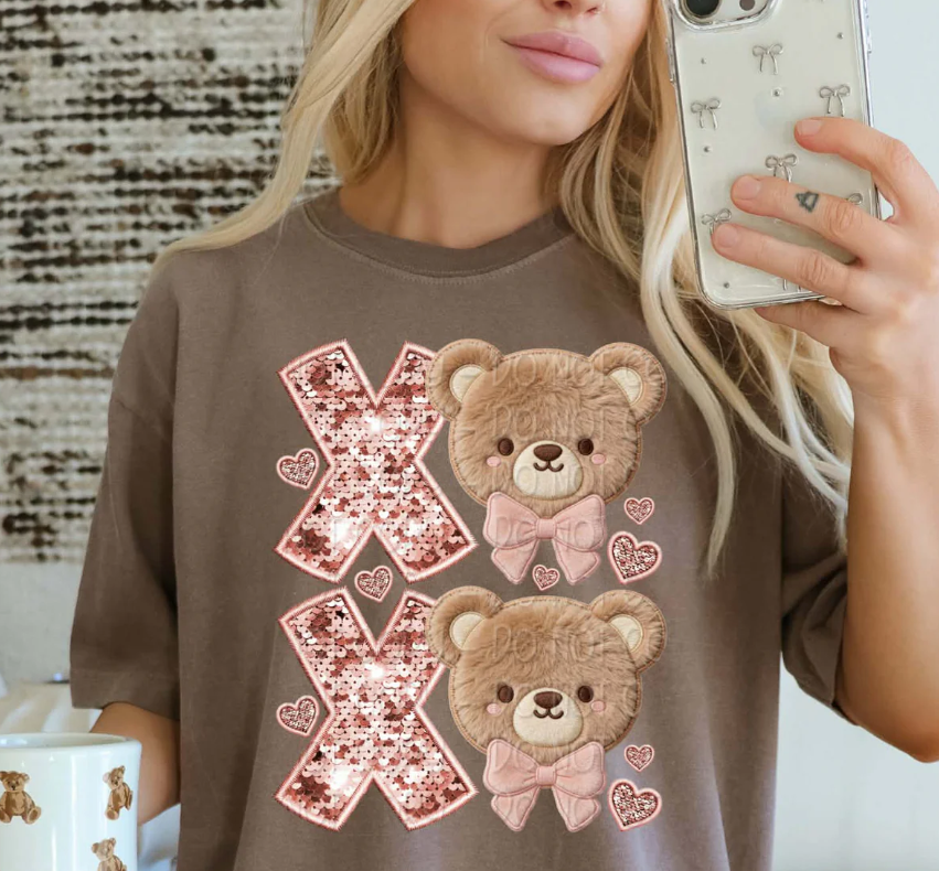 Bear Head Faux Sequin Bear Valentine's T Shirt