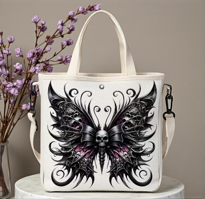 Gothic Butterfly Skull Crossbody Tote