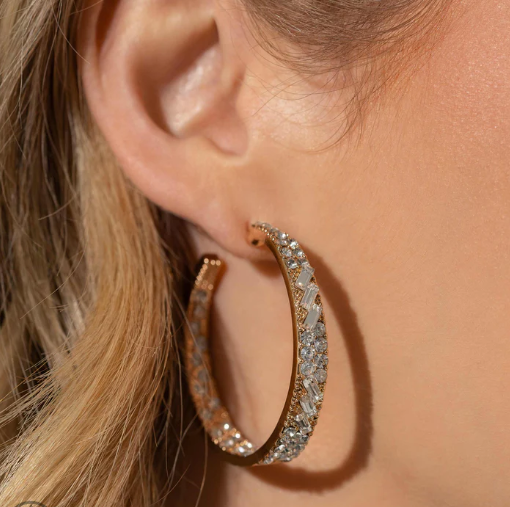 ✨ Rhinestone Chevron Hoop Earrings – Gold Tone