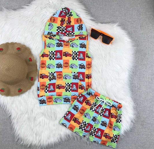 🚗🏁 Racing Crew Milk Silk Set – Hooded Tank + Shorts