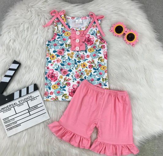 🌸💗 Floral Tie-Shoulder Ruffle Short Set – Boutique Summer Outfit
