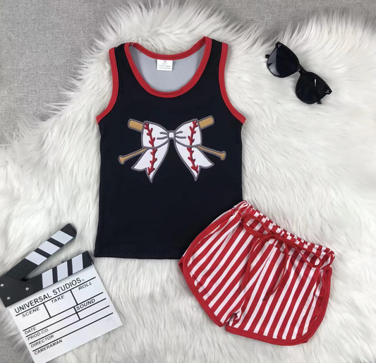 ⚾❤️ Baseball Bow Stripe Short Set – Girls Summer Game Day Outfit