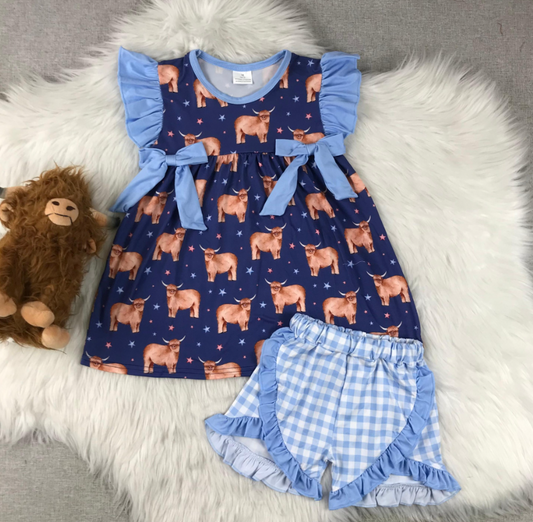 🤠💙 Highland Cow Gingham Ruffle Short Set – Boutique Girls Outfit