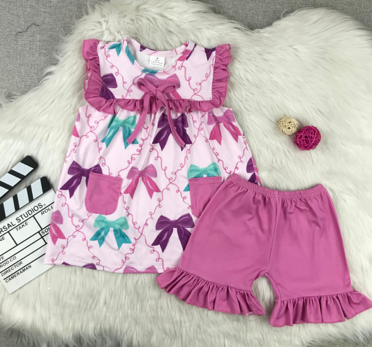 🎀💜 Pastel Bow Pocket Ruffle Short Set – Boutique Girls Outfit