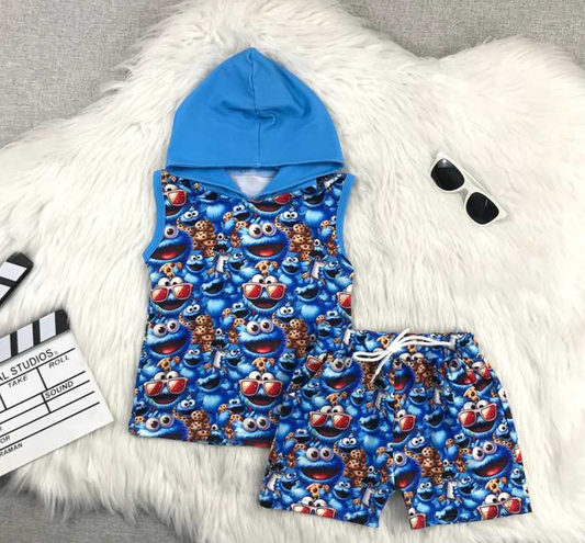 🍪💙 Cookie Monster Inspired Hooded Short Set – Kids Summer Outfit