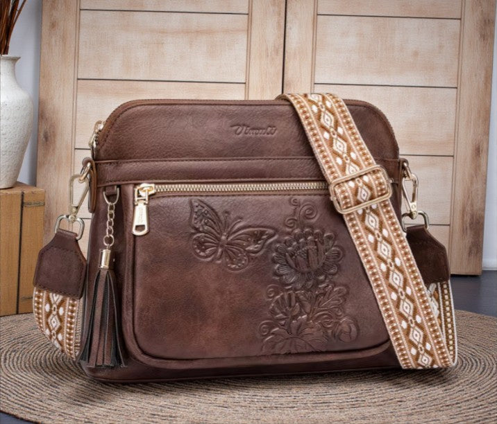 🤎 Embossed Butterfly & Floral Crossbody Bag