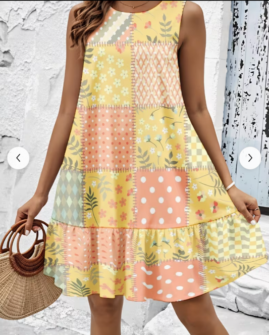 🌼 Sunny Patchwork Ruffle Hem Dress