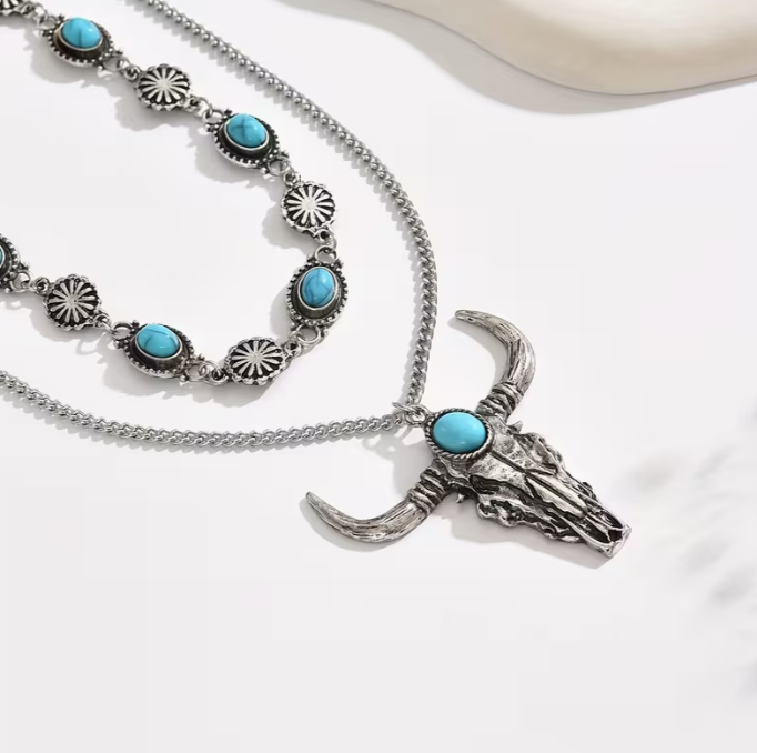 🤠 Western Turquoise Bull Skull Necklace Set