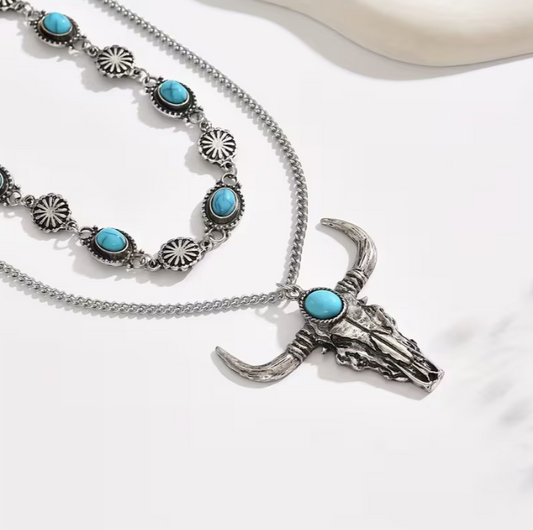 🤠 Western Turquoise Bull Skull Necklace Set