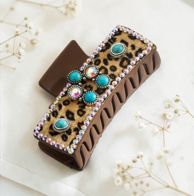 🐆✨ Leopard Bling Turquoise Hair Claw Clip