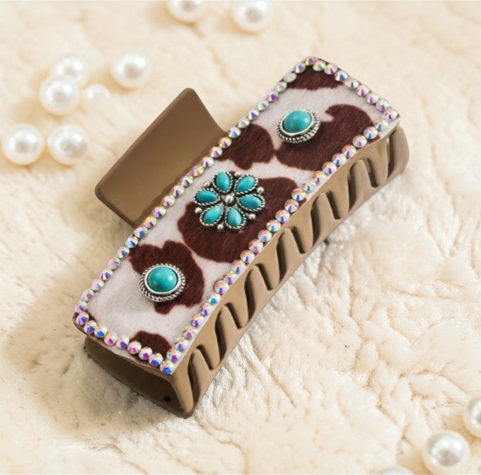 🐄✨ Cow Print Turquoise Bling Hair Claw Clip