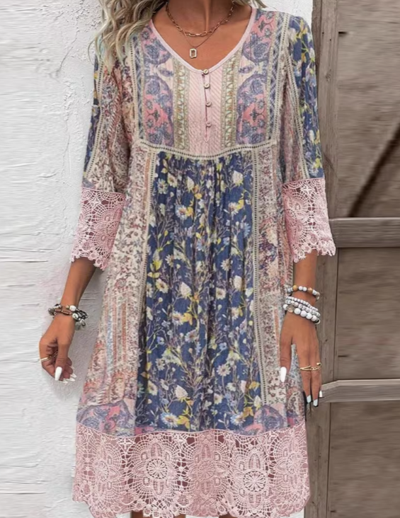 Vintage Floral Lace Patchwork Dress – Boho Chic Midi