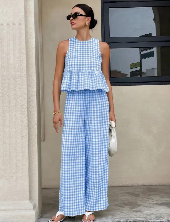Gingham Babe 2-Piece Set – Ruffle Crop Top & Wide-Leg Pants