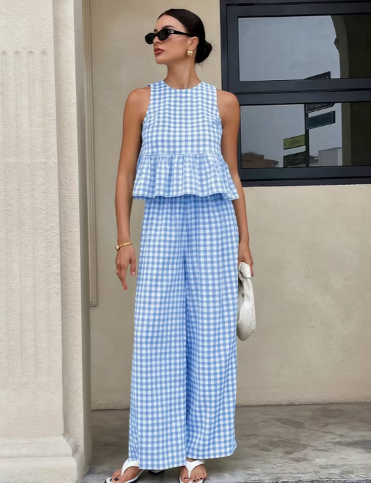 Gingham Babe 2-Piece Set – Ruffle Crop Top & Wide-Leg Pants