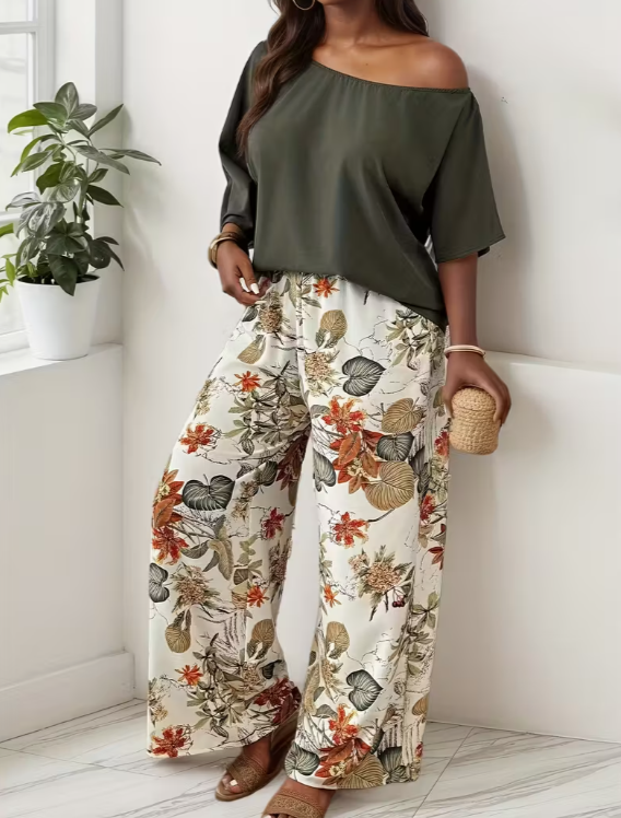 Olive Breeze Floral Pant Set – Off-Shoulder Top & Wide-Leg Pants