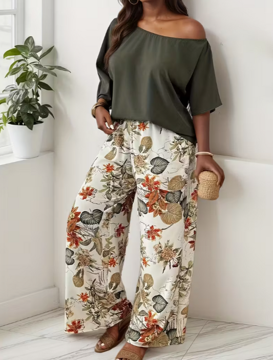 Olive Breeze Floral Pant Set – Off-Shoulder Top & Wide-Leg Pants