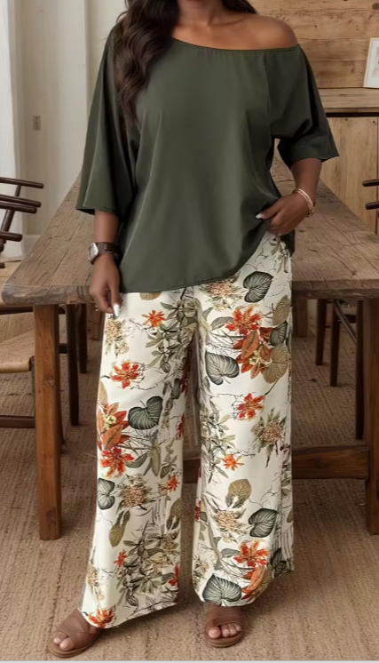 Olive Breeze Floral Pant Set – Off-Shoulder Top & Wide-Leg Pants