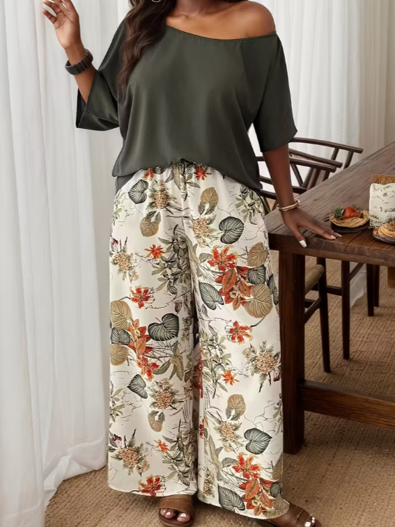 Olive Breeze Floral Pant Set – Off-Shoulder Top & Wide-Leg Pants