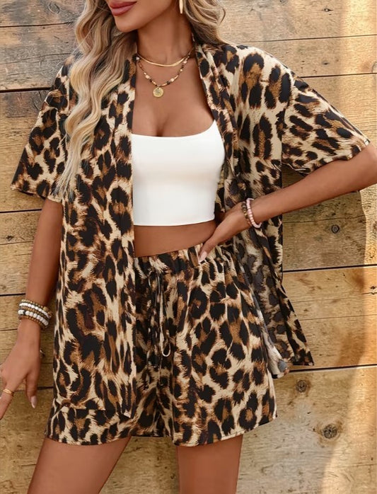 Wild Side Leopard Lounge Set – Kimono Top & Drawstring Shorts