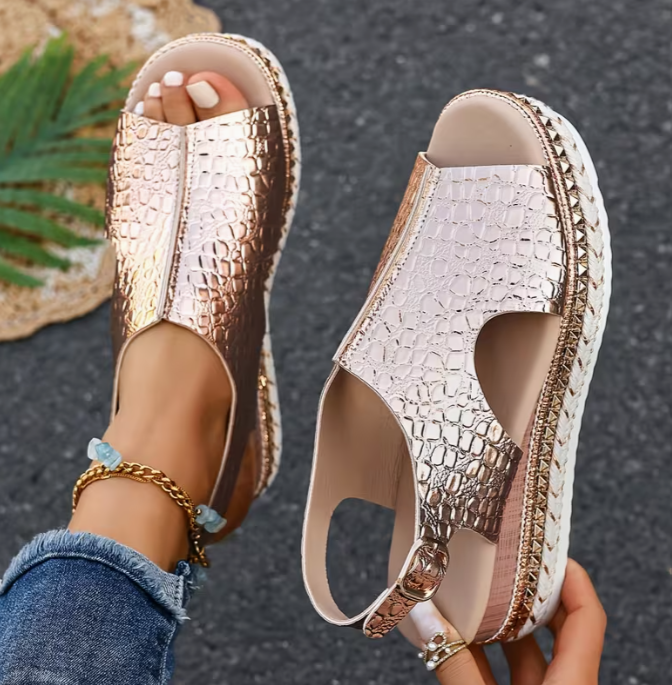 Metallic Croc Platform Slingback Sandals – Rose Gold Glow