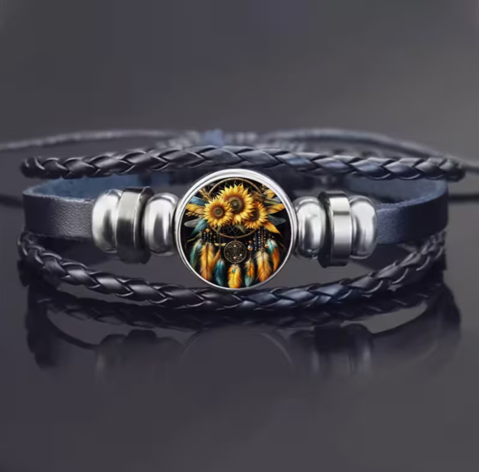 🌻 Sunflower Charm Leather Bracelet
