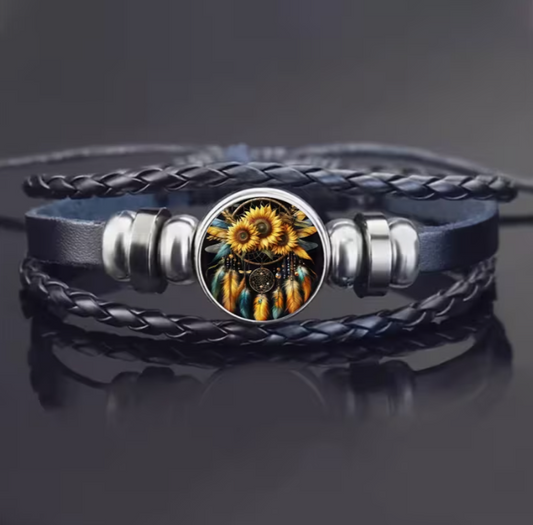 🌻 Sunflower Charm Leather Bracelet