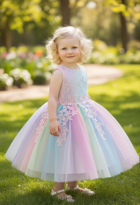 Pastel Princess Lace Tutu Dress – Rainbow Tulle Party Dress for Girls