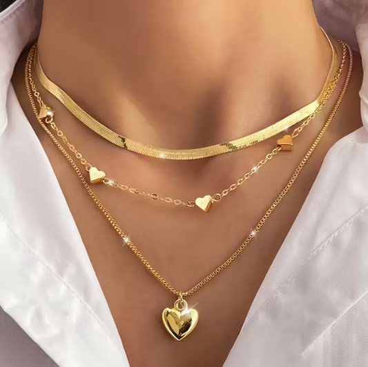 Golden Heart Layered Necklace Set – 3-Piece Heart Chain Stack