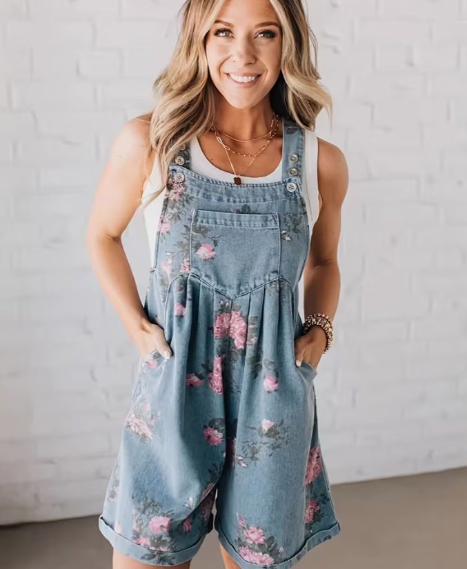 Floral Denim Pocket Overalls – Casual Summer Romper