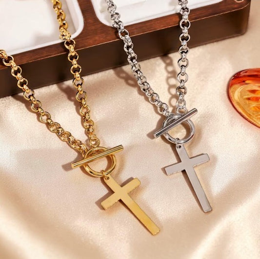 Faith Statement Cross Necklace – Gold & Silver Toggle Chain