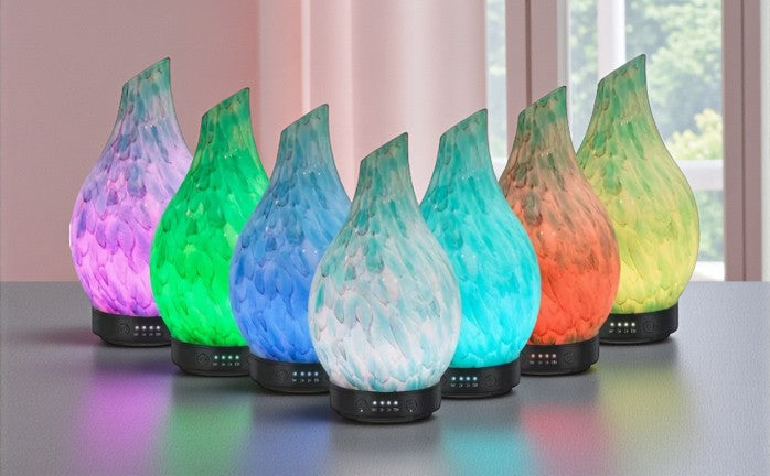 Hand-Blown Glass Feather Diffuser – Color-Changing Aromatherapy Humidifier 7 color changing options