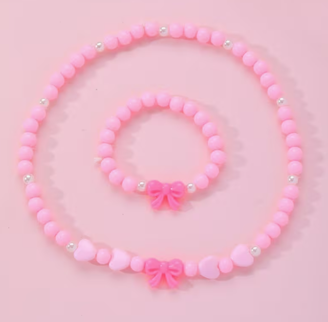 Kids Pink Bow Necklace & Bracelet Set – Adorable Matching Jewelry for Little Fashionistas! 💕✨