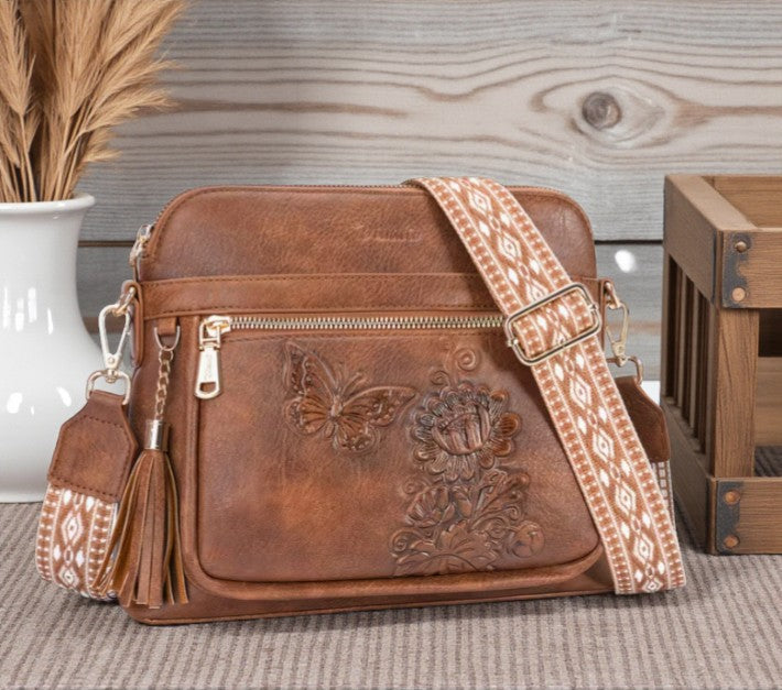 🤎 Embossed Butterfly & Floral Crossbody Bag