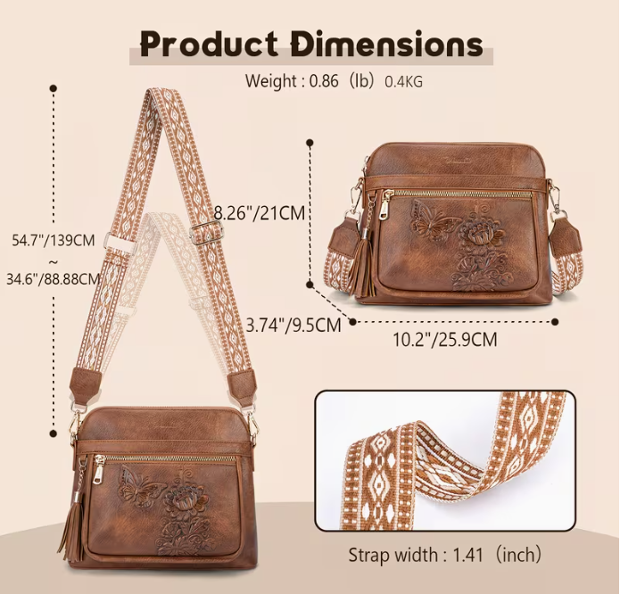 🤎 Embossed Butterfly & Floral Crossbody Bag