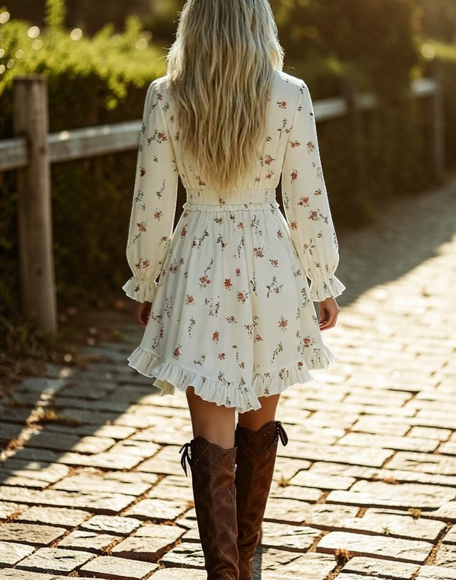 Floral Ruffle Long Sleeve Boho Dress