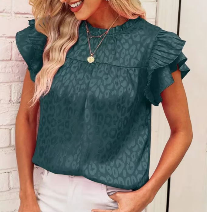 Pink Leopard Ruffle Sleeve Blouse