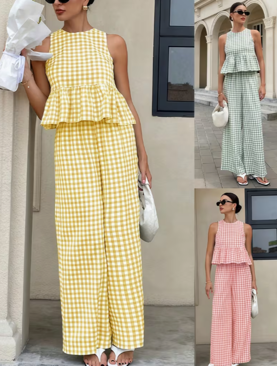 Gingham Babe 2-Piece Set – Ruffle Crop Top & Wide-Leg Pants