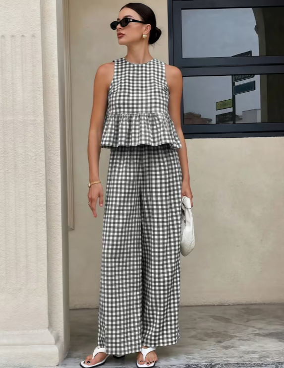 Gingham Babe 2-Piece Set – Ruffle Crop Top & Wide-Leg Pants
