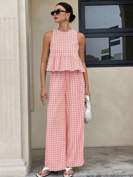 Gingham Babe 2-Piece Set – Ruffle Crop Top & Wide-Leg Pants