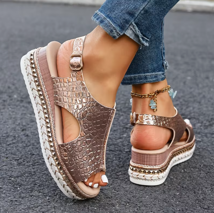 Metallic Croc Platform Slingback Sandals – Rose Gold Glow