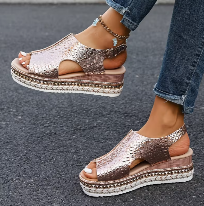 Metallic Croc Platform Slingback Sandals – Rose Gold Glow
