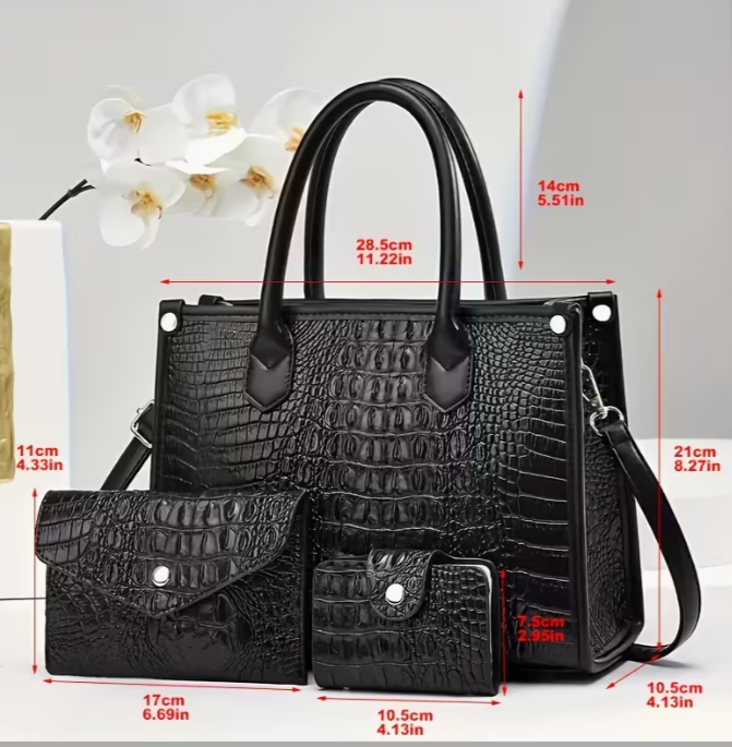 🐊 Luxe Croc-Embossed 3-Piece Handbag Set ~Multiple colors