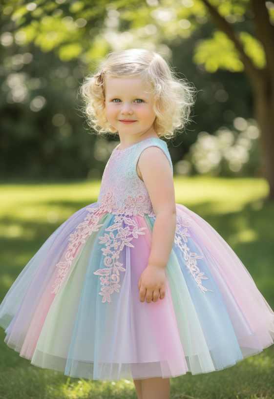 Pastel Princess Lace Tutu Dress – Rainbow Tulle Party Dress for Girls