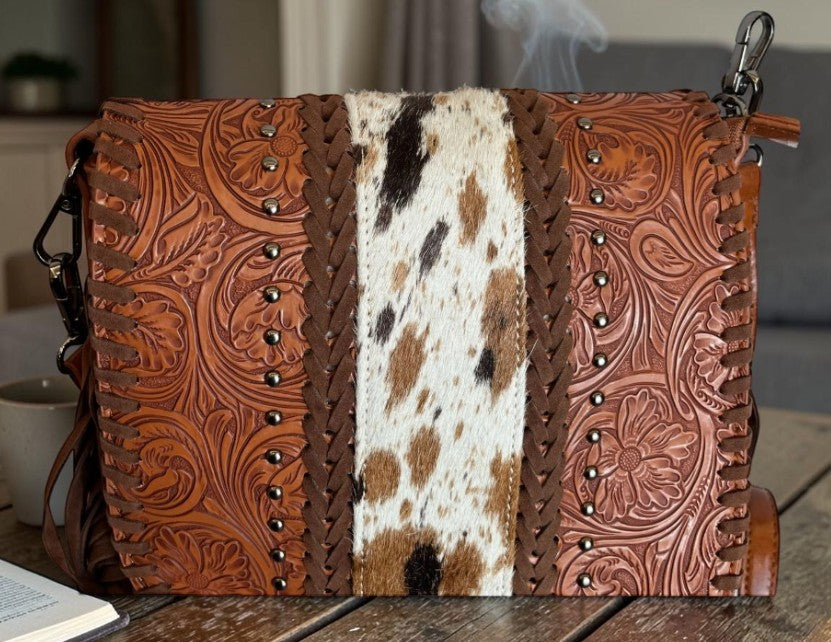 🤎 Western Fringe Crossbody Bag – Tooled Leather & Cowhide