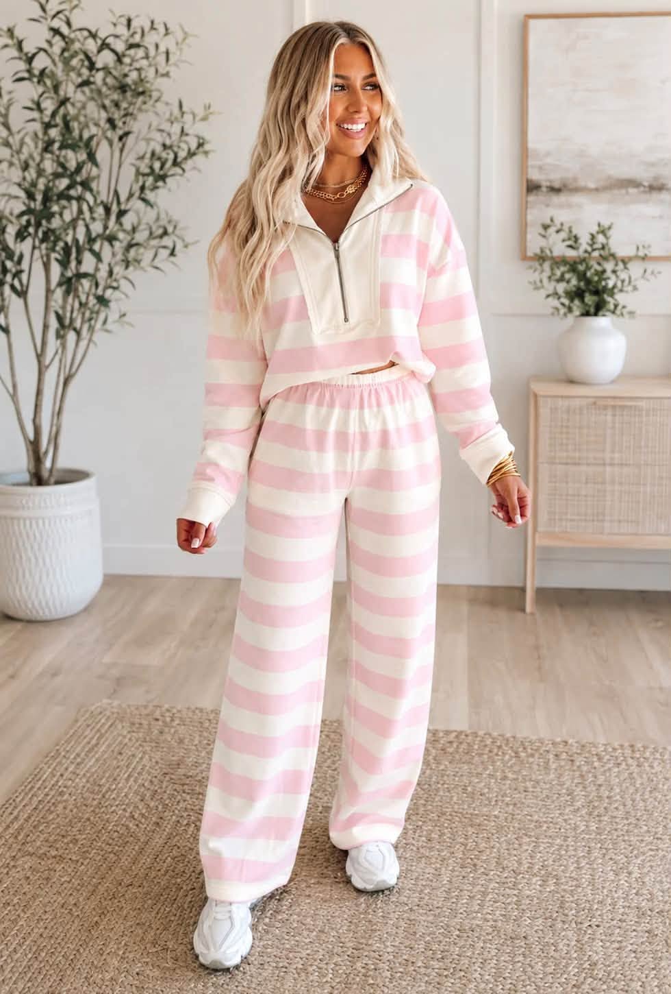 Pink Striped Pants Set